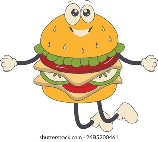 Burger Groovy Retro Personagem. Ilustração vetorial em estilo de desenho animado.