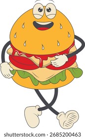 Burger Groovy Retro Character. Vector Illustration in Cartoon Style.