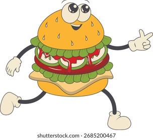 Carácter retro groovy de la hamburguesa. Ilustración vectorial en estilo de dibujos animados.