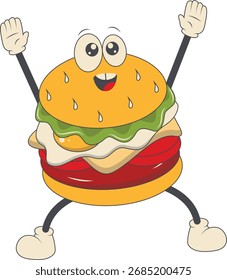 Burger Groovy Retro Character. Vector Illustration in Cartoon Style.