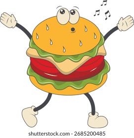 Burger Groovy Retro Personagem. Ilustração vetorial em estilo de desenho animado.