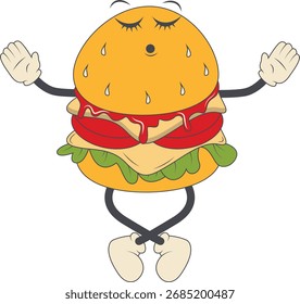 Burger Groovy Retro Zeichen. Vektorgrafik im Cartoon-Stil.