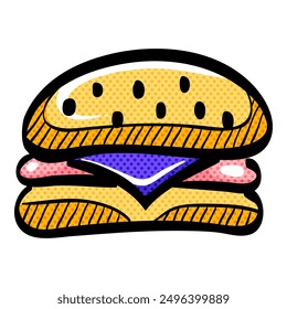 Burger halftone icon hand drawn color vector illustration