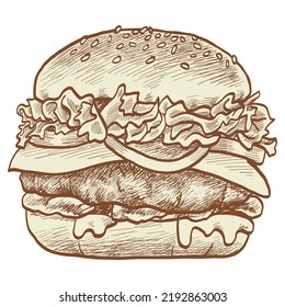 Burger Hamburger Beefburger Cheeseburger Vintage Drawing Illustration Design Vector Art Icon Template