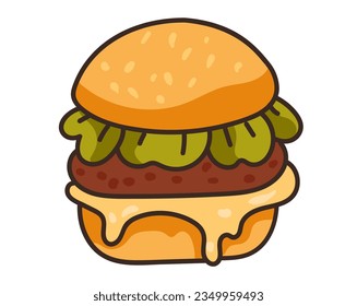 Burger hamburger cheeseburger bun line art concept. Vector flat graphic design illustration
