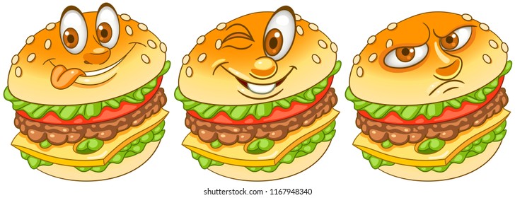 Burger. Hamburger. Cheeseburger. Fast Food concept. Emoji Emoticon collection. Cartoon characters for kids coloring book, colouring pages, t-shirt print, icon, logo, label, patch, sticker.