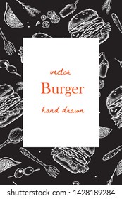Burger . Hamburger .Cheeseburger .Fast food background. Linear graphic. Snack collection. Junk food. Engraved top view illustration. Vector illustration
