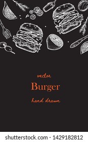 Burger . Hamburger .Cheeseburger .Fast food background. Linear graphic. Snack collection. Junk food. Engraved top view illustration. Vector illustration
