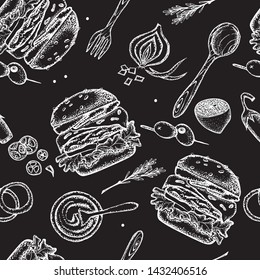 Burger . Hamburger .Cheeseburger .Fast food background. Linear graphic. Snack collection. Junk food. Engraved top view illustration. Vector illustration

