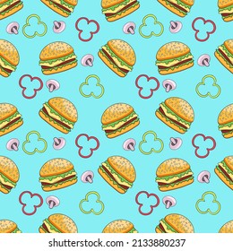 Burger, hamburger or cheeseburger, fast food, American food, vector seamless pattern