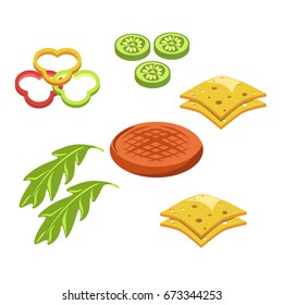 Burger hamburger or cheeseburger fast food ingredients constructor fastfood vector icon