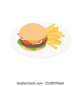 Burger, hamburger, cheeseburger, fries - Isometric vector illustration in flat design.