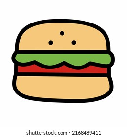 Burger, Hamburger, Käseverstärker-Liniensymbol im farbigen linearen Stil einzeln auf weißem Hintergrund. Bildzeichen und Illustration für Logo. Dünne schwarze Linie, Vektorgrafik.