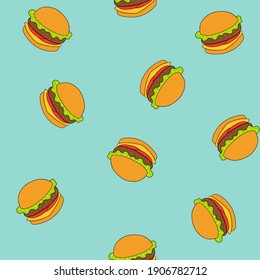 Burger, hamburger, cheeseburger vector seamless pattern. Fast food on blue background. For the design of textiles, fabric, wallpaper, wrapping paper.