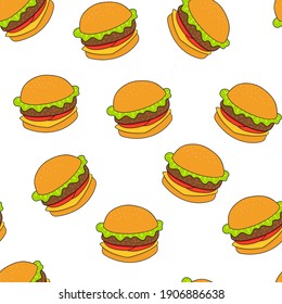 Burger, Hamburger, Cheeseburger Vector Seamless Pattern. Fast Food On White Background. For The Design Of Textiles, Fabric, Wallpaper, Wrapping Paper.