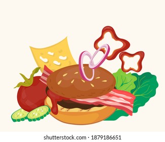 Burger or hamburger colorful image with vegetables and slice of cheese, flat style vector illustration isolated on white background. Food ingredients for hamburger making.