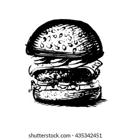 Burger, Hamburger. Drawing Black And White Silhouette, Graphic, Icon, Vector