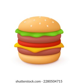 Burger, hamburger. Fast food concept. 3d vector icon. Cartoon minimal style.