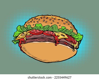 burger hamburger fast food street delicious food, buns and cutlets with salad pop art retro comic caricature kitsch vintage 50s 60s style