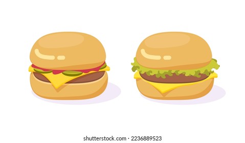 Burger hamburger food vector isolated design or cheeseburger drawn set with salad and beef meat cutlet rissole flat cartoon illustration graphic on white background, bun sandwich meal clipart image