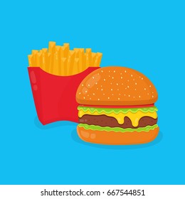 Burger, hamburger and french fries. Vector modern style flat cartoon illustration design icon. Isolated on blue background.  Concept for fast food cafe