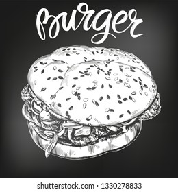 burger, hamburger hand drawn vector illustration sketch. chalk menu. retro style