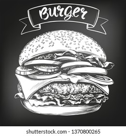 burger, hamburger hand drawn vector illustration sketch. chalk menu. retro style