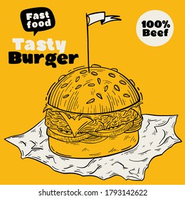Burger, ilustración vectorial hecha a mano de hamburguesa