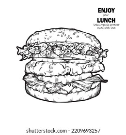 Burger, dibujo a mano de hamburguesa ilustraciones vectoriales realistas.