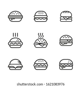 Burger Hamburger icons set. illustration web site mobile logo app UI design, meat, beef, food, lettuce, sandwich, meal, grilled, tomato, bun, snack, onion, cheese sign symbol. Fast food vector.