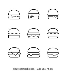 Burger Hamburger icons set. illustration web site line editable stroke icon, meat, beef, food, lettuce, sandwich, meal, grilled, tomato, bun, snack, onion, cheese outline symbol. Fast food vector.