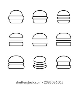 Burger Hamburger icons set. illustration web site line editable stroke icon, meat, beef, food, lettuce, sandwich, meal, grilled, tomato, bun, snack, onion, cheese outline symbol. Fast food vector.