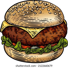 Burger Hamburger Illustration in einem Retro-Holzschnitt-Stil.