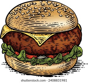 Burger hamburger illustration in a vintage retro woodcut etching style.