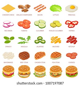 Burger or hamburger ingredient icons set. Isometric illustration of 25 burger ingredient food vector icons for web