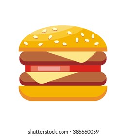 Burger hamburger isolated flat design. Burger or sandwich, fast food, food and hamburger isolated, fast hamburger, meal and snack burger, cheese and meat, lunch burger, tasty cheeseburger illustration