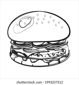 Burger hamburger line art. Painted burger, big tasty sandwich, vector illustration, vintage style. Burger fast food cafe menu and restaurant badge concept. Modern continuous line draw design street 