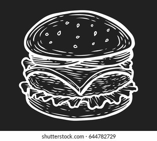 Burger, hamburger with meat, salad, cheese. Fast food vector. Isolated on black background. Junk street food. Engraved hand drawn illustration in retro vintage style.