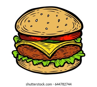 Burger, hamburger with meat, salad, cheese. Fast food vector. Isolated on white background. Junk street food. Engraved hand drawn illustration in retro vintage style.