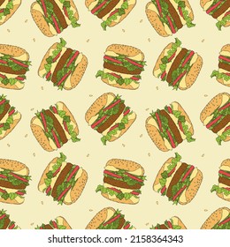 Burger hamburger pattern, doodle color hand-drawn contour drawing. Vector illustration