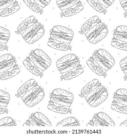 Burger hamburger pattern, white and black, hand-drawn contour drawing. . Vector illustration