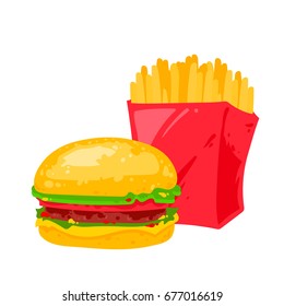Burger or hamburger with potato. Vector illustration isolated on white background. Fast food illustration.