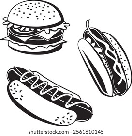 Burger hamburger related Silhouette icon logo vector. Fast food flat icon vector on black color 