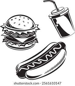 Burger hamburger related Silhouette icon logo vector. Fast food flat icon vector on black color 