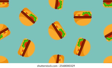 Burger or Hamburger seamless pattern background. Cartoon style of fast food. Perfect for fabric, textile, wallpaper, decor, print or packaging of products. SSTKbackgrounds