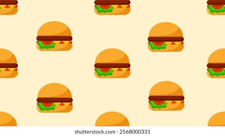 Burger or Hamburger seamless pattern background. Cartoon style of fast food. Perfect for fabric, textile, wallpaper, decor, print or packaging of products. SSTKbackgrounds