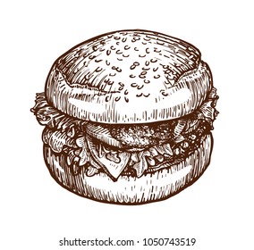 Burger, hamburger sketch. Fast food concept. Hand-drawn vector illustration