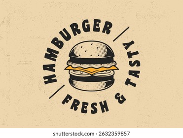 Burger, Hamburger vector logo. Burger emblem with grunge texture. Retro design for fast food branding and restaurant menu. Vector illustration