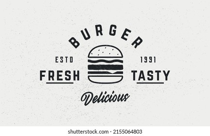 Burger, Hamburger Vektorlogo-Vorlage. Burgeremblem, Plakatdesign. Vintage Hamburger Café Logo. Handwerkliche Grunge-Textur. Logo für Fast Food.