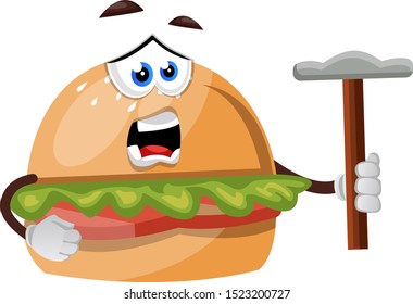 Burger with hammer, illustration, vector on white background.